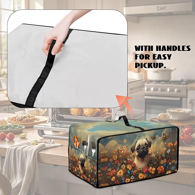 Cute Pug Dog Floral Butterfly Print Microwave Oven Dust Cover Dust Cover for Microwave Oven Universal Foldable Small Appliance Dust Covers Dirt and Fingerprint Protection, M