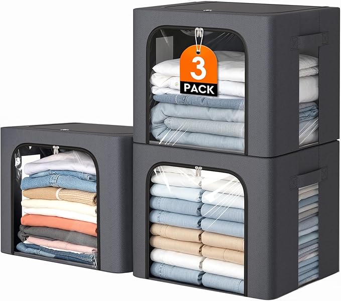 3 Pack Clothes Storage Bins with Metal Frame,40L Storage Bags Fabric Box Organizer with Clear Window,Zippers,Sturdy Handles(3 Pcs,Light Grey,40L)