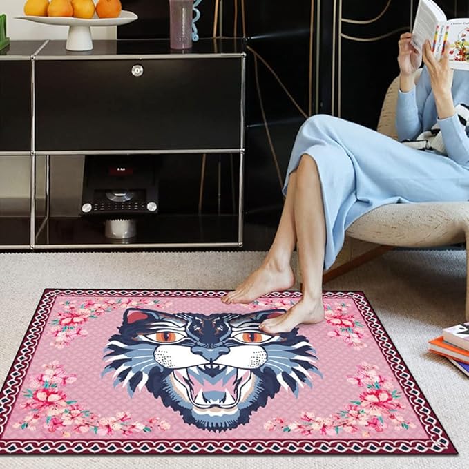 Cartoon Animal Pattern Area Rug Cute Cat Luxury Floral Decor for Carpet Farmhouse Bedroom Living Room Rugs Bathroom Kitchen Runner Mat Indoor Outdoor Non Slip Doormat 4' X 6'