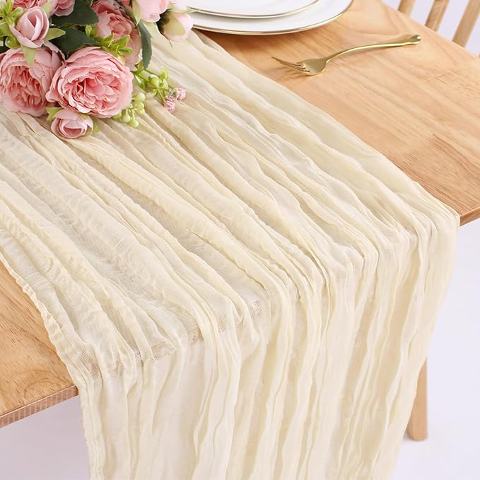 Cream Cheesecloth Table Runner 13.3FT Rustic Sheer Gauze Table Runners 157 Inch Boho Cheese Cloth Table Decorations for Wedding Party Bridal Baby Shower Birthday Home Decor