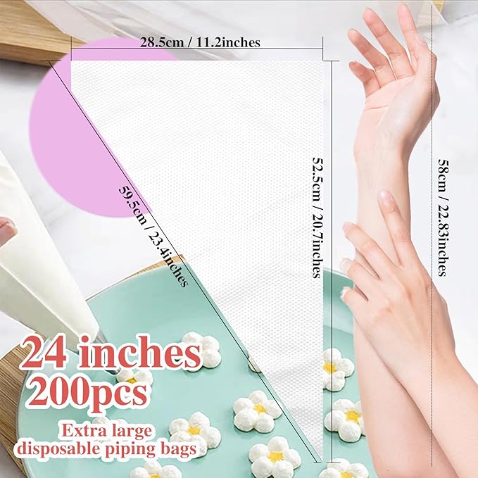 24Inch Disposable Piping Bags, 200PCS Icing Bags for Cake Decorating