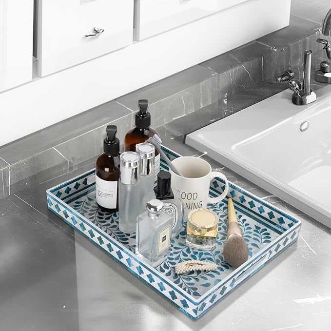 MAONAME Rectangular Decorative Tray, Plastic Serving Tray with Handles, Modern Blue Trays for Ottoman, Coffee Table Trays for Living Room, Home Decor, 15.7" x 11.8" x 1.6"
