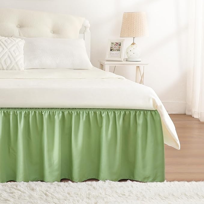 RIMELA Light Green Bed Skirt King Size 15 Inch Drop, Elastic Bed Skirting, Bedding Dust Ruffle Easy to Install, Lightweight Wrap Around Adjustable Bedskirt, Bedroom Decor