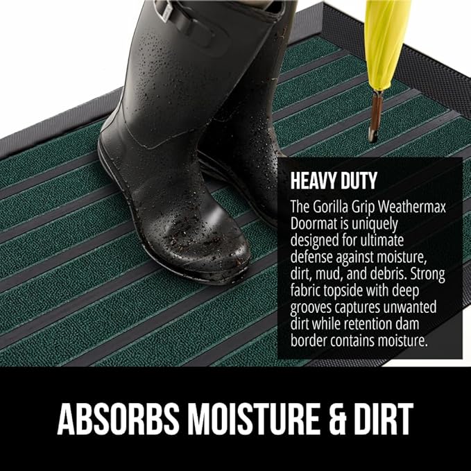 GORILLA GRIP 100% Waterproof All-Season WeatherMax Doormat US Designed Natural Rubber, Stain and Fade Resistant, Low Profile Indoor Outdoor Door Mats, Easy Clean Patio Mat, 17x29, Green Stripe