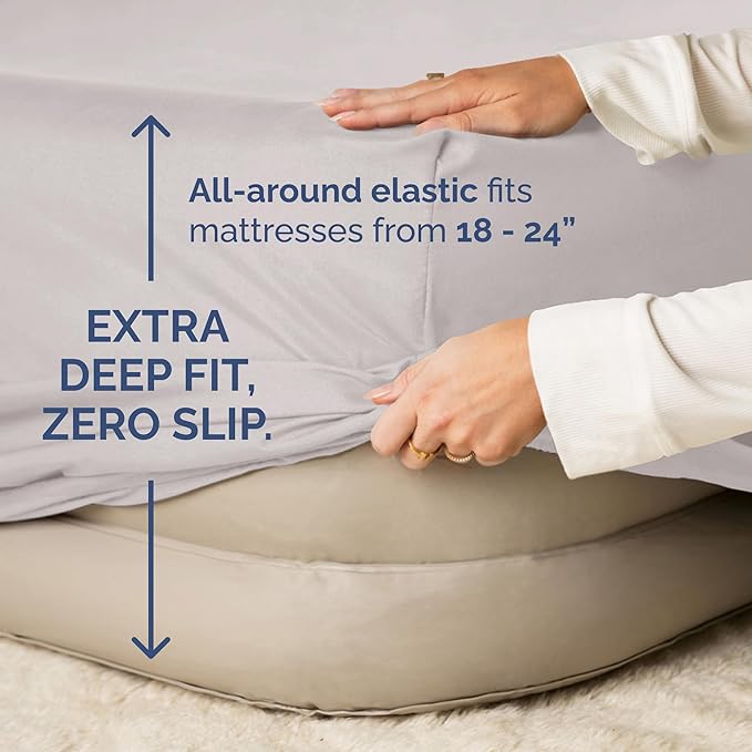 Air Mattress Sheet Set for Full Size - 4 Piece Breathable & Cooling Sheets w/Extra Deep Pockets - Fits Inflatable & Blow Up Air Mattresses Up to 24 Inches Thick - Soft and Wrinkle Free - Light Grey
