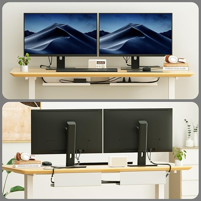 2 Pack No-Screw Cable Management Under Desk, Self-Adhesive Cord Organizer, Wire Management Tray for Office and Home (White)