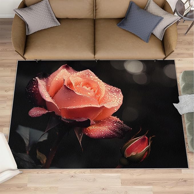 5x6 Florals Rugs for Office - Natural Flowers Living Room Carpet, Realistic Rose Bedroom Area Rug Kids Low Pile Rug for Indoor Outdoor Hardwood Floors Home Decor