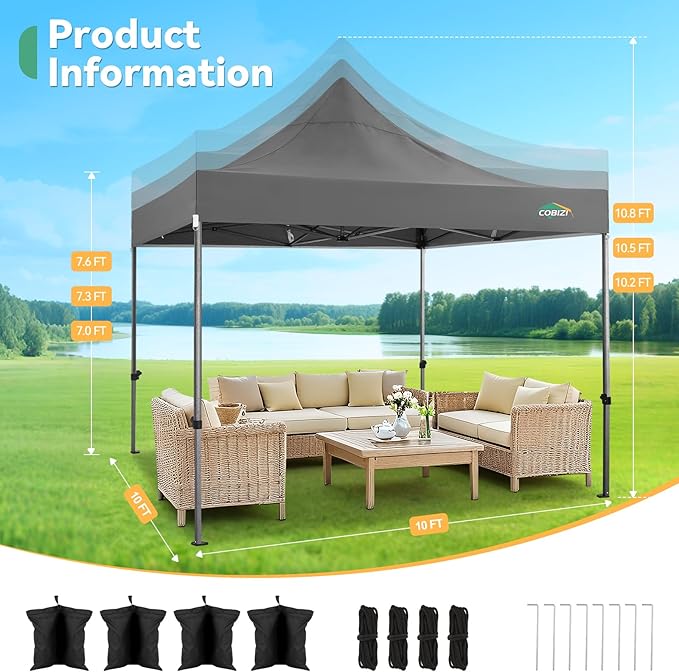 COBIZI 10x10 Heavy Duty Pop Up Canopy Tent with 4 Sidewalls Thicken Frame, Commercial Easy Up Outdoor Wedding Party Tents, All Season Waterproof Windproof with Stakes Sandbags Ropes Roller Bag, Gray