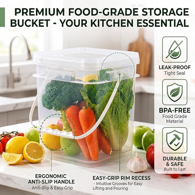 DEMORA 1.3Gallon Food Grade Square Plastic Bucket with Lid, Clear Airtight Storage Container, Reusable Pail for Kitchen Food Water Ice Cream Household Use 4Pcs (2 White+2 Transparent)