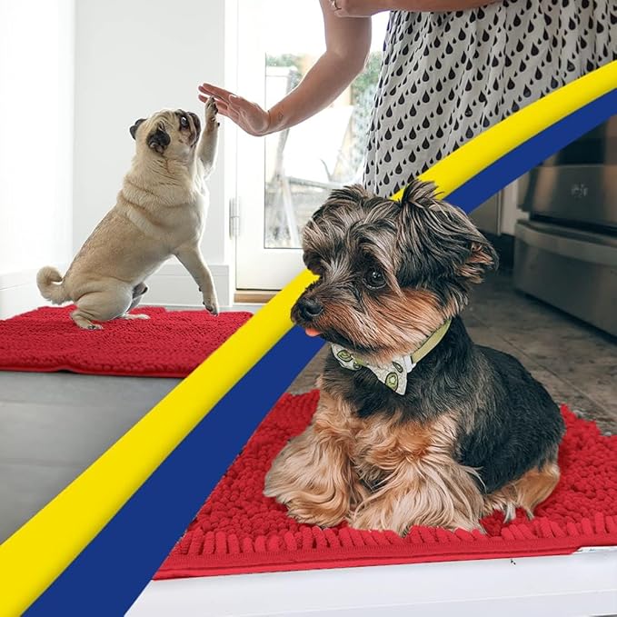 Muddy Mat® AS-SEEN-ON-TV Highly Absorbent Microfiber Door Mat and Pet Rug, Non Slip Thick Washable Area and Bath Mat Soft Chenille for Kitchen Bathroom Bedroom Indoor and Outdoor - Red 6ft x 9ft