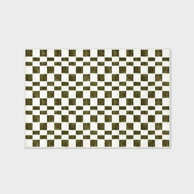 EVERGRACE Checkered Plaid Area Rug 4x6, Soft Fuzzy Faux Wool Rugs Washable Anti Slip Rugs Large Rug Carpet for Entryway Bedroom Living Room Hallway Kitchen Dining Room and Laundry Room, Olive Green