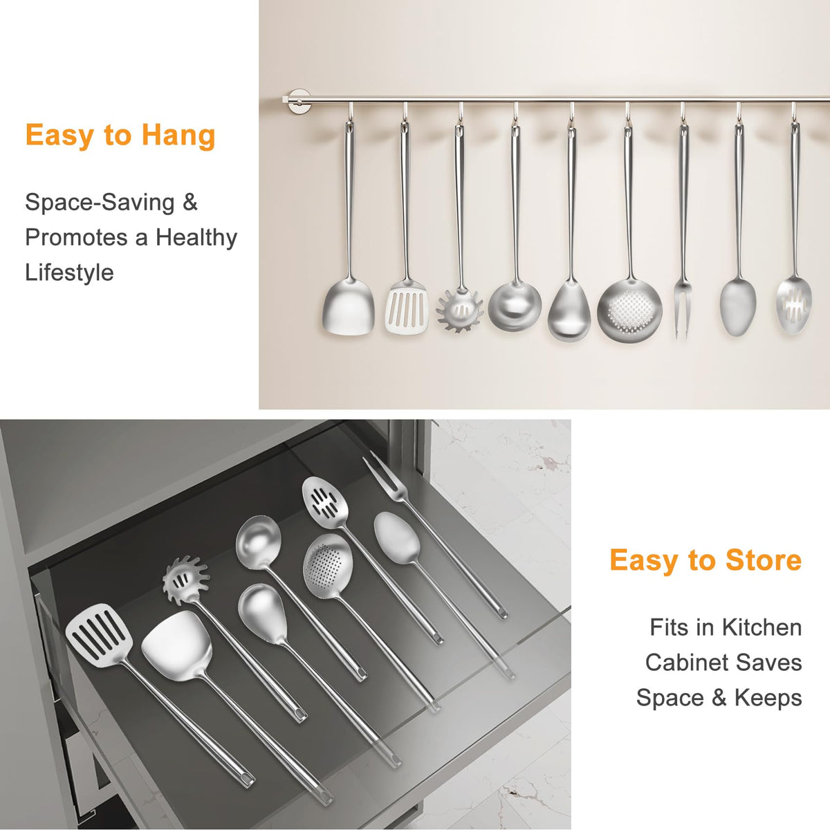 18/10 Stainless Steel Cooking Utensils Set,9 Pcs Professional All Metal Stainless Steel Kitchen Utensils Set with Wok Spatula,Soup Ladle,Skimmer,Slotted Spatula Turner, Large Spoon(Dishwasher Safe)