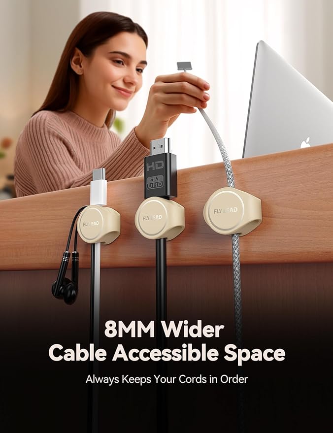 8-Pack Cord Organizer Magnetic Silicone Cable Clips[8 mm Wider Cable Accessible]Desk Cable Management, FLYLEAD Desktop Cord Holder for Nightstand, Office Workspaces Desk Organization Home Accessories