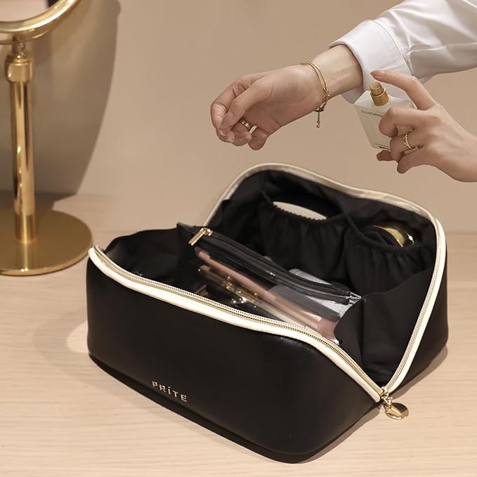 Prite Makeup Bag for Women Travel Waterproof Vegan Leather Cosmetic Bag Open Flat Toiletry Bag With Clear Divider and Handle (Black, Large)