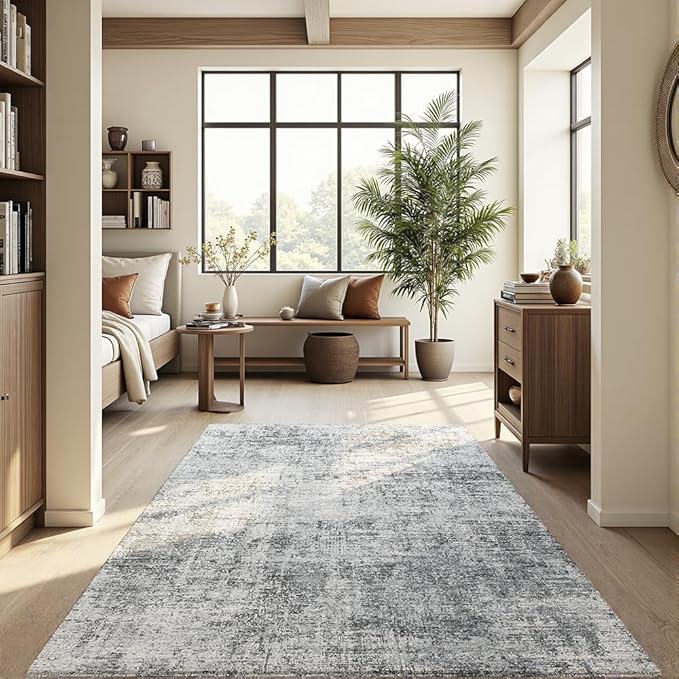 Area Rug 8x10 Washable Rug Light Grey for Living Room, Dining Room, Bedroom, Large Carpets, Non Slip & Non-Shedding Low Pile Vintage Print Rug for Home Office Decor