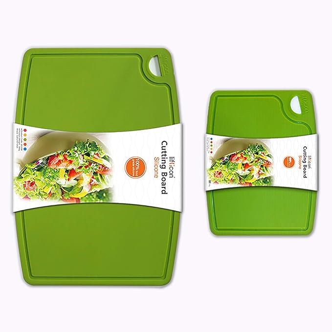 Liflicon Thick Silicone Cutting Boards for Kitchen Silicone Chopping Boards/Mats Set of 2 Extra Large14.6''x10.43'', Mini 9.1”x7.1” Non-slip Deep Drip Juice Groove, Dishwasher Safe-Green