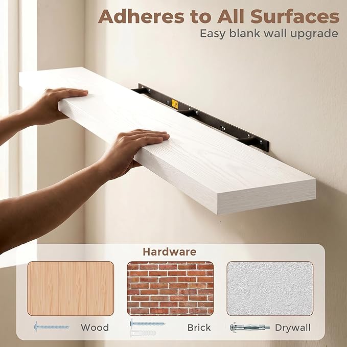 Venusmiles Floating Shelves for Wall, 48 Inch Floating Shelves Set of 1, 6.5" D Wooden Wall Mounted Display Shelves with Invisible Brackets for Living Room, Bedroom, Bathroom, Kitchen Decor, White