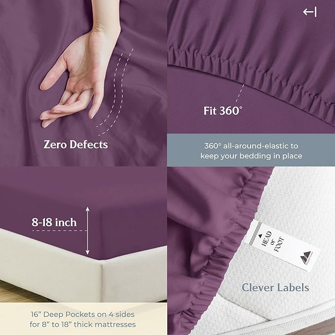 Mayfair Linen 100% Cotton Bed Sheets Queen Sheet Set - 500 Thread Count Sheets Queen Size 4 PC Set (Plum) Soft, Cooling, Hotel-Quality 16" Deep Pocket Sateen Cotton Bedsheet for Hot Sleepers