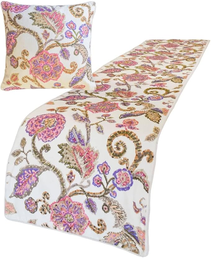 The HomeCentric King/Queen/Twin White & Pink Designer Twin 53"x18" Bed Runner Without Pillow Cover, Floral, Printed, Sequins, Beaded, Embroidery & Handmade Bed Scarf on Cotton Fabric - Aster