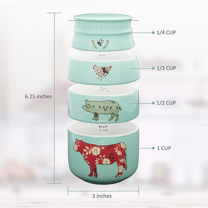 Pavilion Gift Company - 'Live Simply Bee, Chicken, Pig, and Cow' - 4-Piece Stoneware Measuring Cups Set, Sturdy Farmhouse-Style Kitchenware for Home Baking, Cooking, Gifting - Teal, 8 Ounces