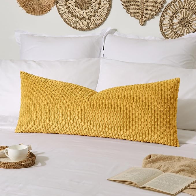 Kevin Textile 20x54 Inch Long Body Lumbar 1 Pack Boho Decorative Throw Pillow Cover Soft Striped Corduroy Rectangle Cushion Case Farmhouse Accent for Living Room Couch Sofa Bed, Mustard Yellow