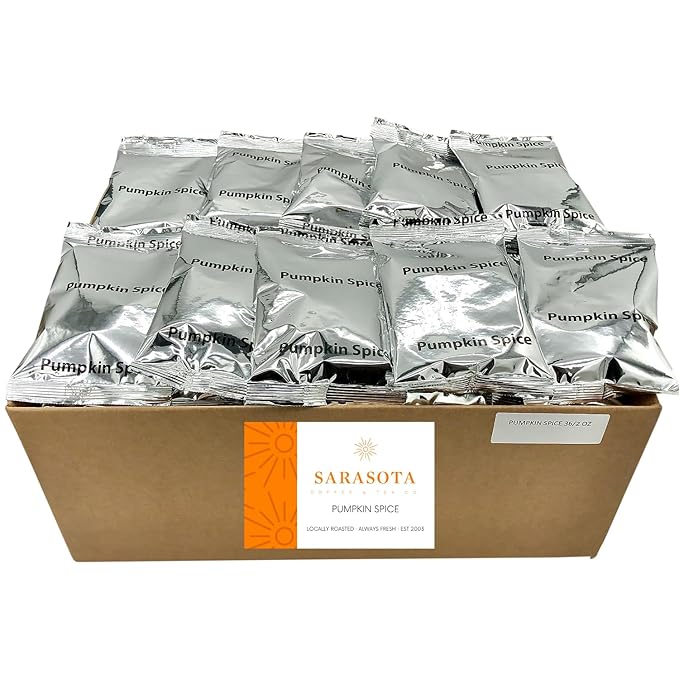 Sarasota Coffee Ground Packets | Gourmet Flavored Medium Roast Bulk Coffee Packs | Pumpkin Spice | Low Acid Mold Free Singles Individual Pouches for 12 Cups Maker | 2 Ounce Bags, 36 Count