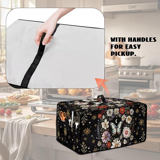 Waterproof Microwave Oven Cover Polyester-Linen Dust Cover for Microwave Oven Foldable Kitchen Machine Covers with Storage Pockets, Butterfly Daisy Floral Plant Moon Print, M