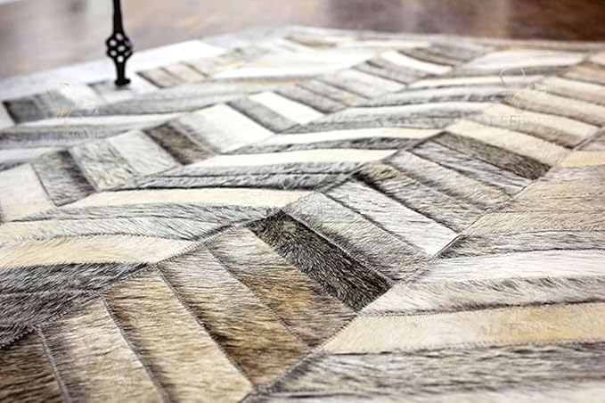 Chevron Pattern Faux Cowhide Area Rug | Non-Slip Leather Carpet for Living Room, Bedroom, and Office | Modern Designer Rug for Home Décor(4x6 ft_Grey)