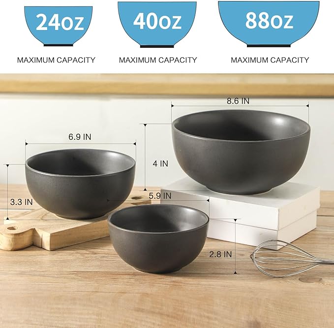 Tikooere Tikoore Ceramic Mixing Bowls Set，Soup Bowls Set of 3, Stoneware Nesting Bowls for Serving, Baking, Salad,Microwave and Dishwasher Safe,24/40/88 oz, Matte Black