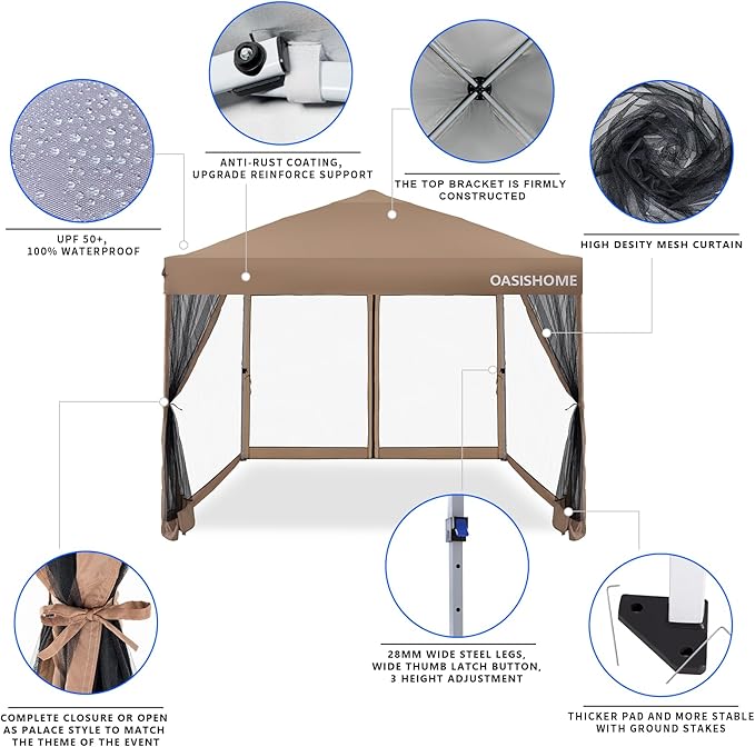 OASISHOME 10'x10' Pop-Up Gazebo Canopy Tent with Netting Sidewall & Wheeled Bag,Weight Bag, Stakes, Ropes, Waterproof, UV Protection, Heavy-Duty Steel Frame for Backyard/Outdoor/Parties (Khaki,10x10)