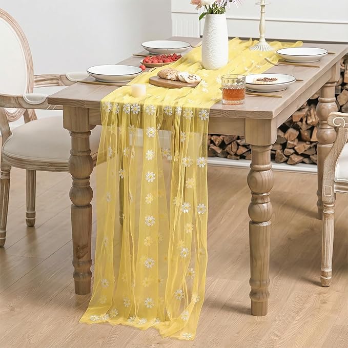 Horaldaily Yellow Embroidery Daisy Spring Summer Gauze Tablecloth 60×120 Inch Rectangular, Seasonal Tulle Table Cover, Garden Party Decorations for Wedding, Party, Holiday Dining