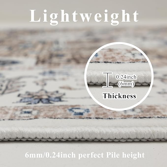 Washable Rugs 5x7 Area Rugs for Living Room, Thin Carpet for Bedroom, Soft Faux Wool Retro Dining Room Rug，Non Slip&Non-Shedding Resistant Low Pile Vintage Print Rug for Home Office (Taupe/Blue)