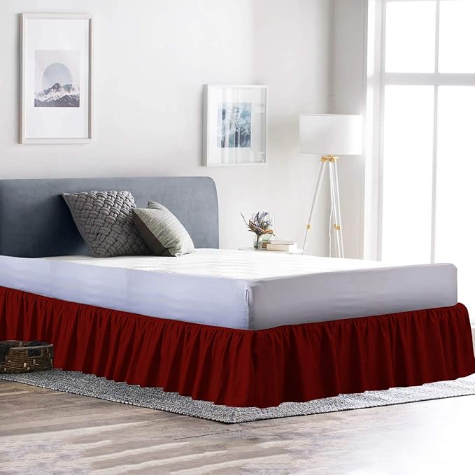 Ruffled Bed Skirt (Queen, Burgundy) 18 Inch Drop Dust Ruffle with Platform, 100% Cotton 600 Thread Count Fabric, Gathered Styling, Available in All Bed Sizes and 23 Colors - Bedskirt