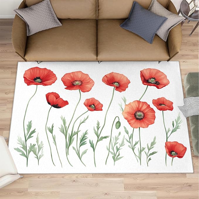 Little Red Flower Rugs for Bedroom - 6x8 Area Rug - Abstract 3D Flowers Rugs for Living Room, Modern Simple Art Rug, Non-Slip Washable Home Decor Carpet