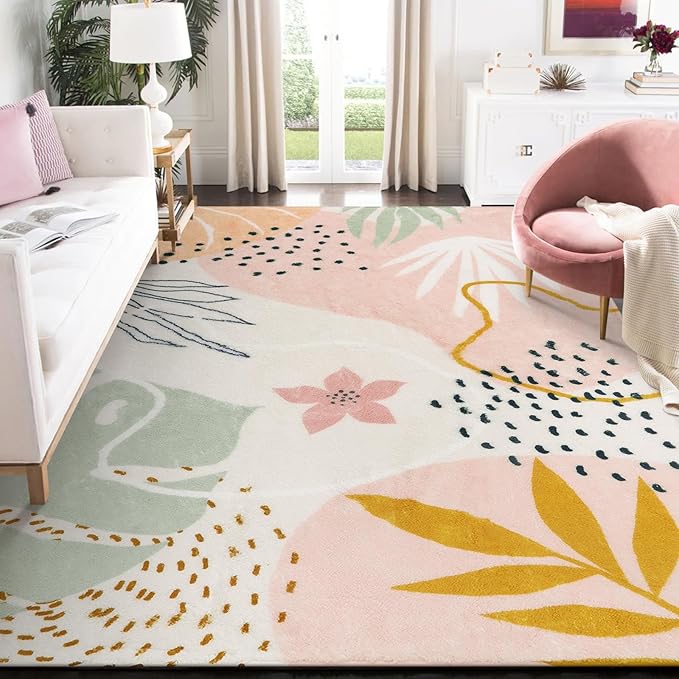 Lahome Pink 10x14 Area Rugs, Washable Ultra-Thin Large Rug for Living Room, Non Slip Throw Rug for Dining Room, Soft Botanical Print Indoor Rug for Bedroom Office Guest Room (Pink, 10'x14')