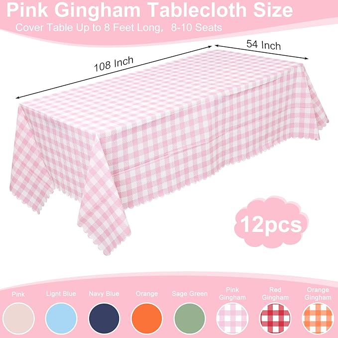 NatNarr 12 Pack Pink Gingham Tablecloths, 54 X 108Inch Scalloped Pink and White Checkered Table Cloth, Disposable Party Table Covers for Wedding Picnic Birthday Baby Bridal Shower Anniversay