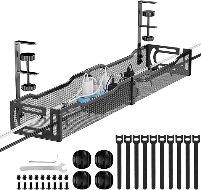 Cable Management, 25'' Cable Management Under Desk No Drill, Metal Cord Organizer with Clamp for Standing Desk, Cable Organizer for Home Office, Black
