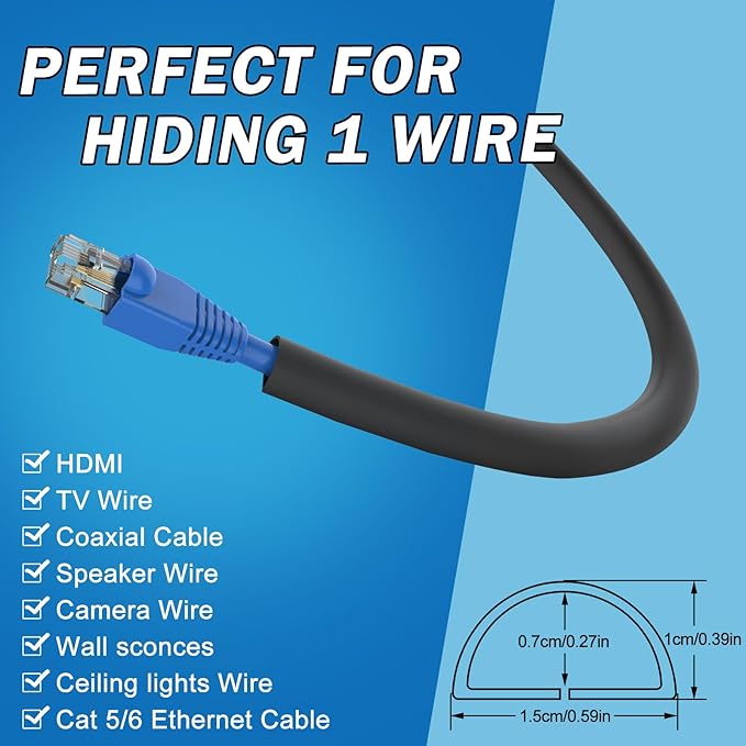 UOMTFAI Wall Cord Hider 39 Inch - Self-Adhesive Wire Cover Raceway for Walls, Flexible PVC Cable Concealer for Home and Office, W0.59 H0.39in - Black