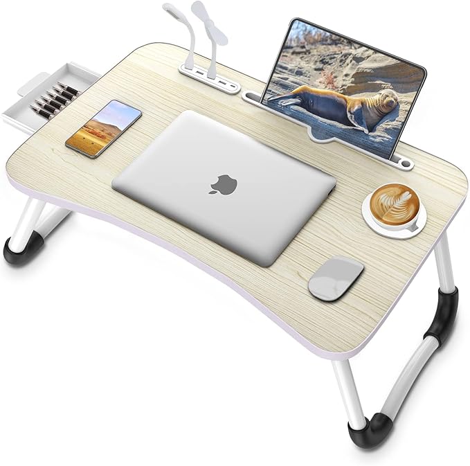 Zapuno Laptop Lap Desk, Foldable Laptop Table Tray with 4 USB Ports Storage Drawer and Cup Holder, Lap Bed Desk Notebook Stand Laptray Portable Standing Table for Bed Couch Floor