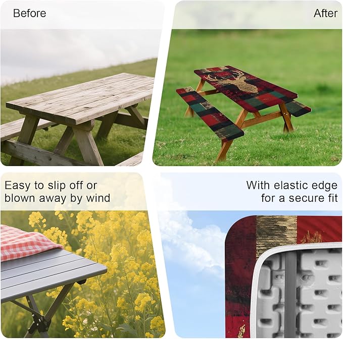 ANNA QUEEN 6FT Christmas Deer Picnic Table Cover with Bench Covers Picnic Table Cover Set 3PCS 72"x30", Waterproof Outdoor Bench and Tablecloth Furniture Protection for Camping