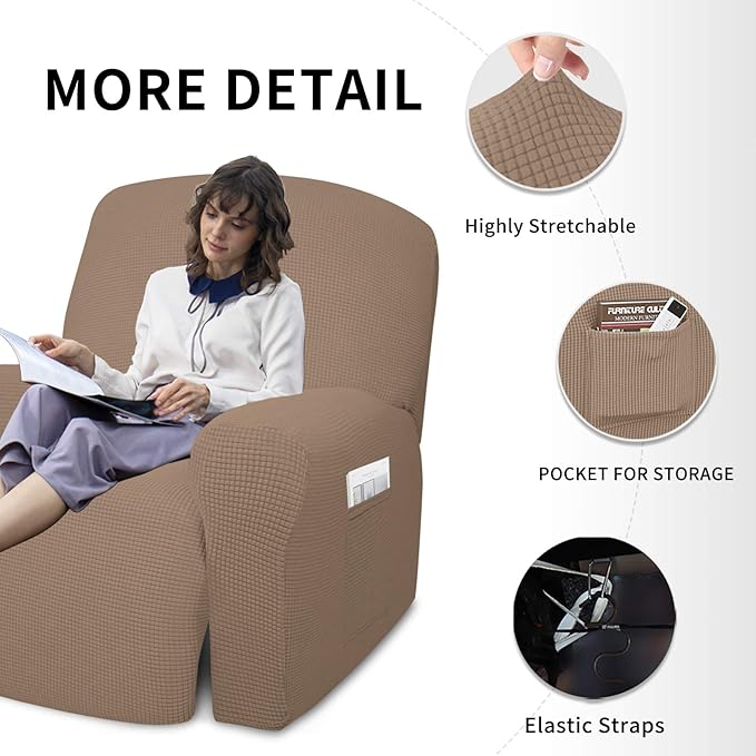 Easy-Going 4 Pieces Oversized Recliner Stretch Sofa Slipcover Sofa Cover Furniture Protector Couch Soft with Elastic Bottom Polyester Spandex Jacquard Fabric Small Checks Camel,X-Large
