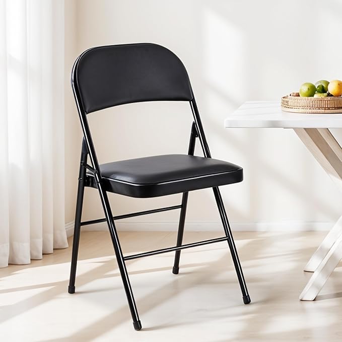 Simple Deluxe 2 Pack Portable Padded Folding Chairs, Leather Upholstered Seat Pad & Durable Metal Construction, Commercial-Grade Seating for Home, Office, Indoor Outdoor Events, Black