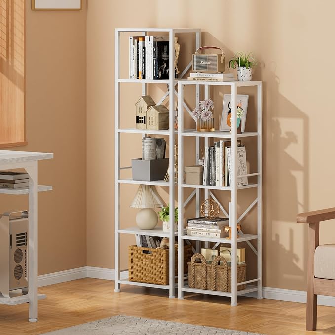 Furologee White Bookshelf 5 Tier Bookcase, Tall Narrow Bookshelves, Modern