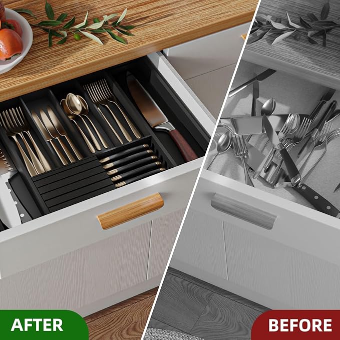 Utensil Organizer Silverware Tray for Drawer - Bamboo Knife Drawer Organizer Expandable Cutlery Organizer in Drawer Knife Block W12.8-20.2" x L16 x H2 (Black)