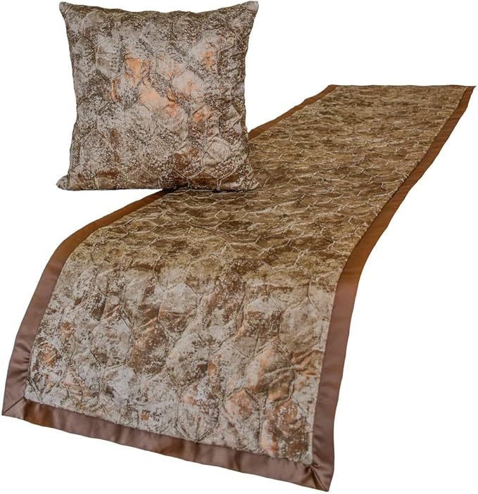 The HomeCentric King/Queen/Twin Copper Designer Queen 74"x18" Bed Runner Without Pillow Cover, Beaded & Foil Bed Scarf on Silk Fabric - Aranka