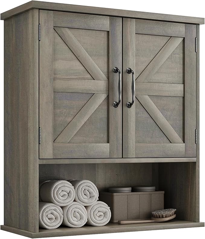 Bathroom Wall Cabinet with Barn Doors, Wall Mounted Bathroom Storage Cabinet, Farmhouse Style, Adjustable Shelf, Wall Mounted, Grey