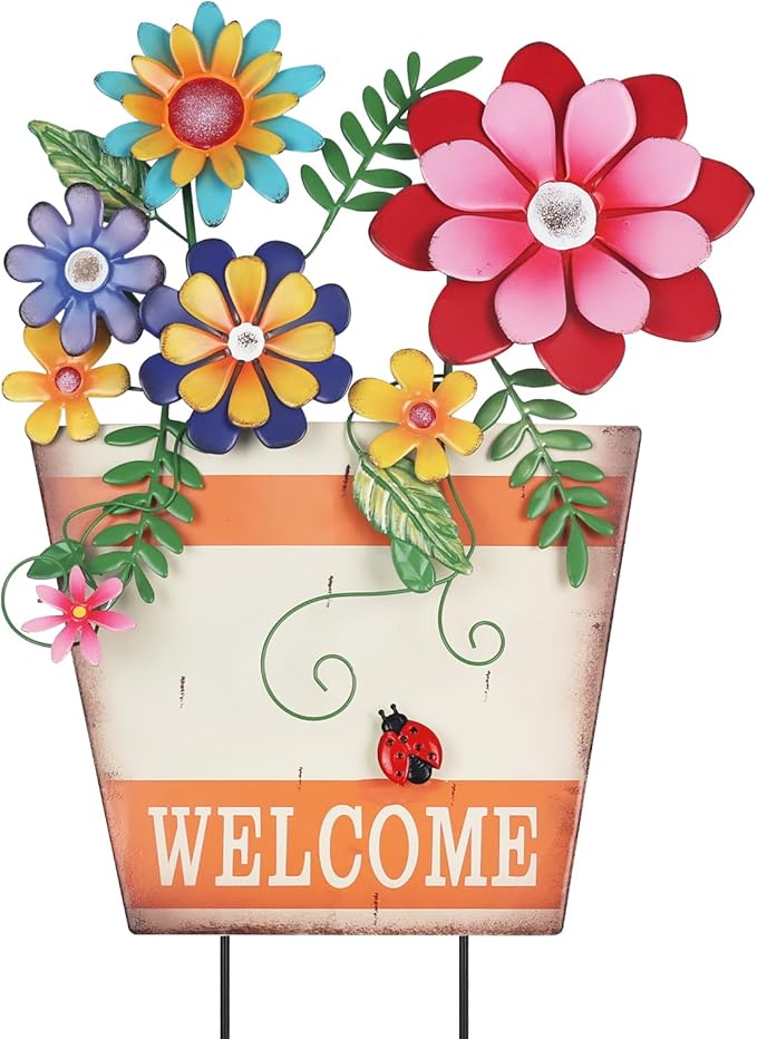 hogardeck Garden Decor for Outside, Metal Flower Pot Decorative Garden Stakes with Flowers for Spring Decor, Yard Art Welcome Sign for Outdoor Garden Lawn Backyard Porch Patio Decorations