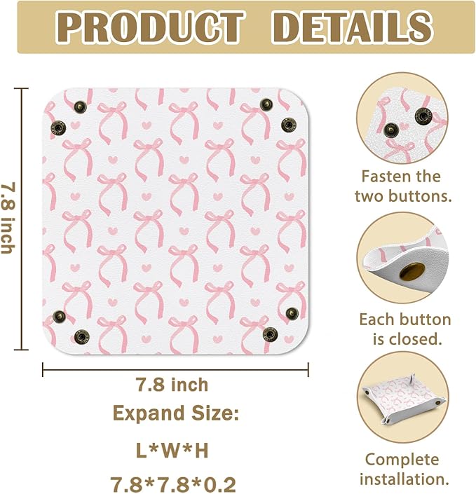 Pink Coquette Bow Leather Jewelry Valet Tray, Bow Themed Gifts PU Leather Catchall Beside Caddy Nightstand Organizer Tray for Jewelry Rings Watches Keys and Accessories, 7.8x7.8inch