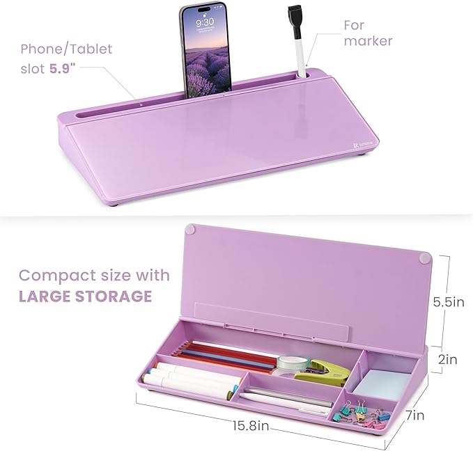 Varhomax Glass Desk Whiteboard with Storage, Desktop Organizer to-do List Memo Notepad Dry Erase White Board for Home Office and School Supplies (Purple)