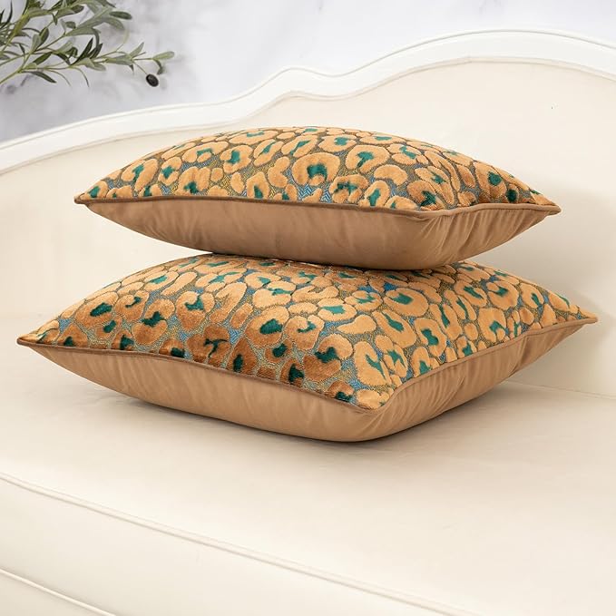 Alerfa Green Brown Floral Throw Pillow Cover 20 x 20 Inch Cut Velvet Sqaure Luxury Decorative Pillow Cover for Couch Living Room Bedroom